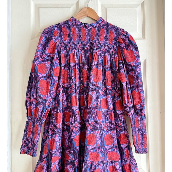 Bindu size XS Floral Smocked Dress Long Puff Sleeves, High Neck Multicolor - Picture 11 of 11